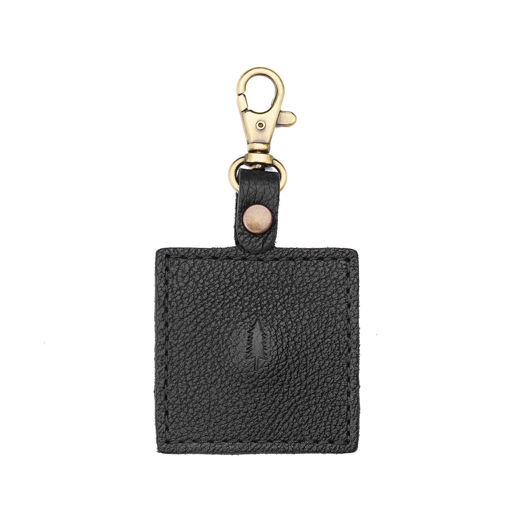 Pebbled--black | Square-shaped leather AirTag holder with snap closure and swivel lobster claw clasp